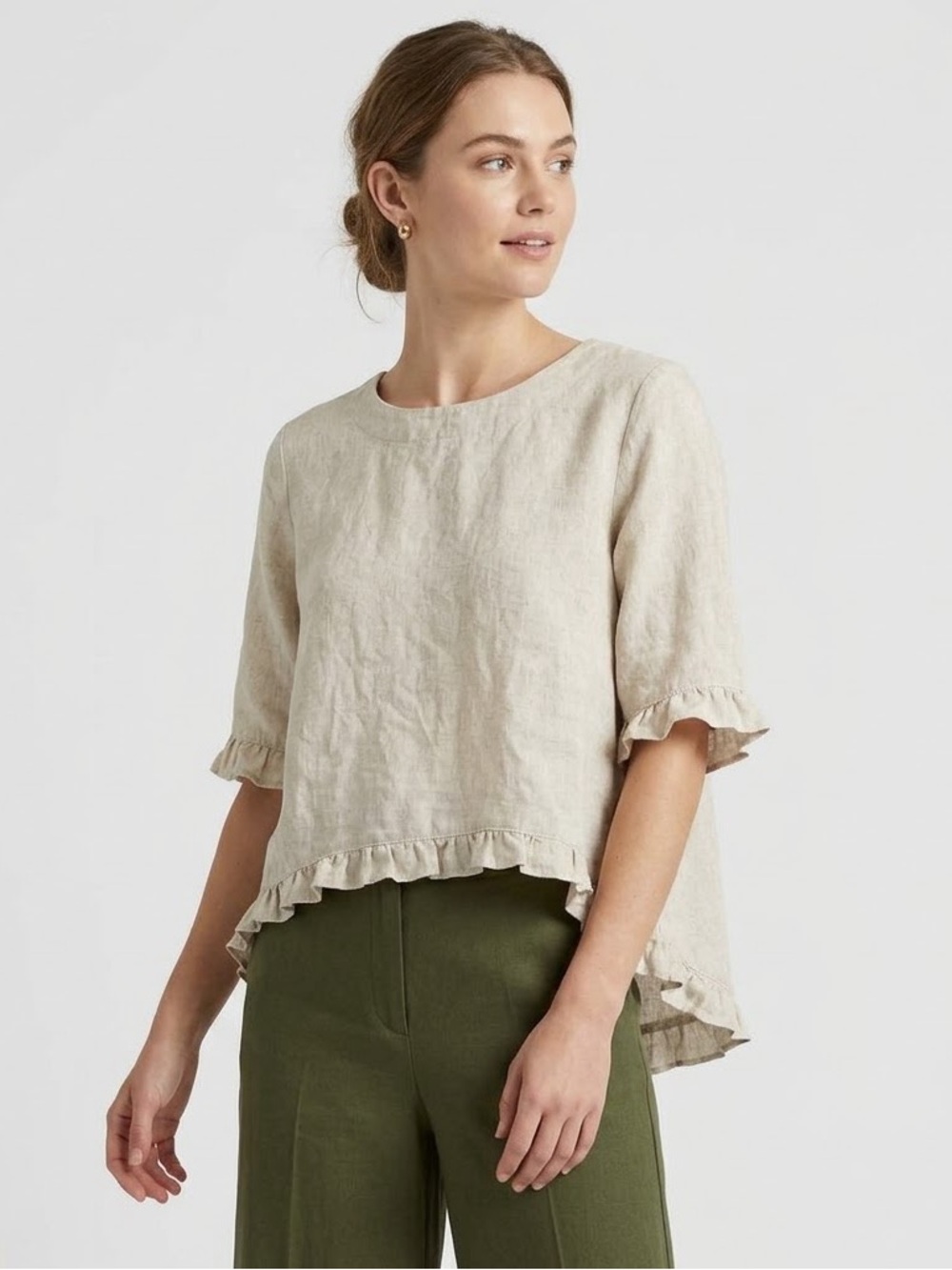 Trisha Tyler Lightweight Ruffle-Hem Linen Blouse in Natural Tan, Size Large